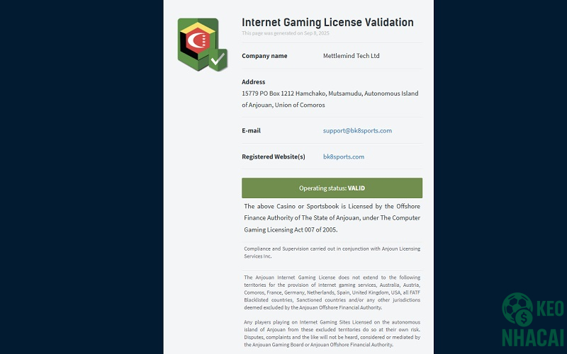 BK8 hoạt động với giấy phép từ tổ chức cờ bạc quốc tế