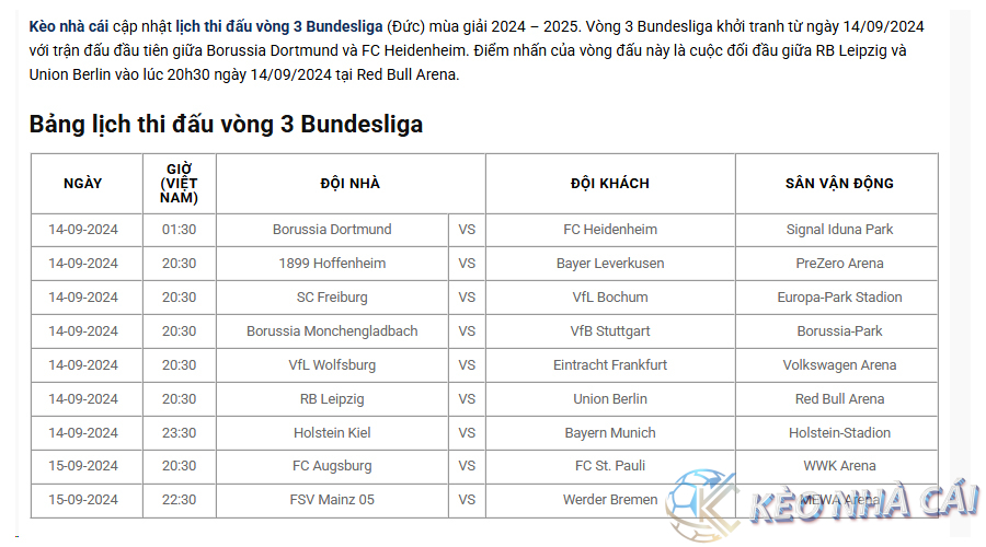 Lịch thi đấu vòng 3 Bundesliga