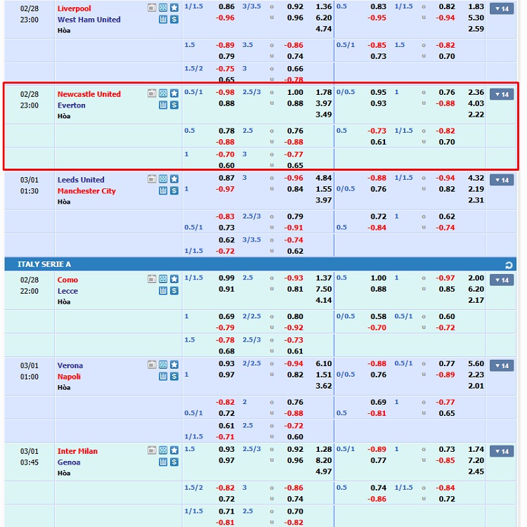 tỷ số Newcastle vs Everton 28/02